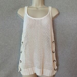Ava Couture Crochet Knit Tank Top Eyelet Lace-Up Sleeveless Ivory S
